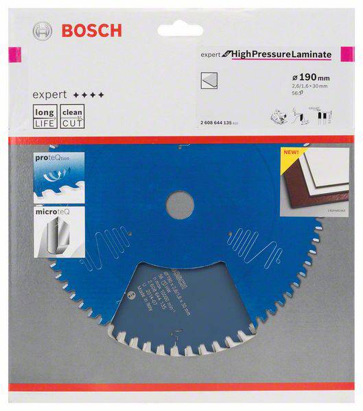 Emballage d'une lame de scie Bosch pour stratifié haute pression. Montre une lame bleue, des informations sur le produit et des symboles indiquant le matériau et la durabilité.
