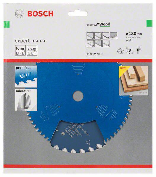 Emballage d'une lame de scie Bosch : Lame bleue pour bois, diamètre 180 mm, durable, coupe nette, pour des travaux du bois précis.