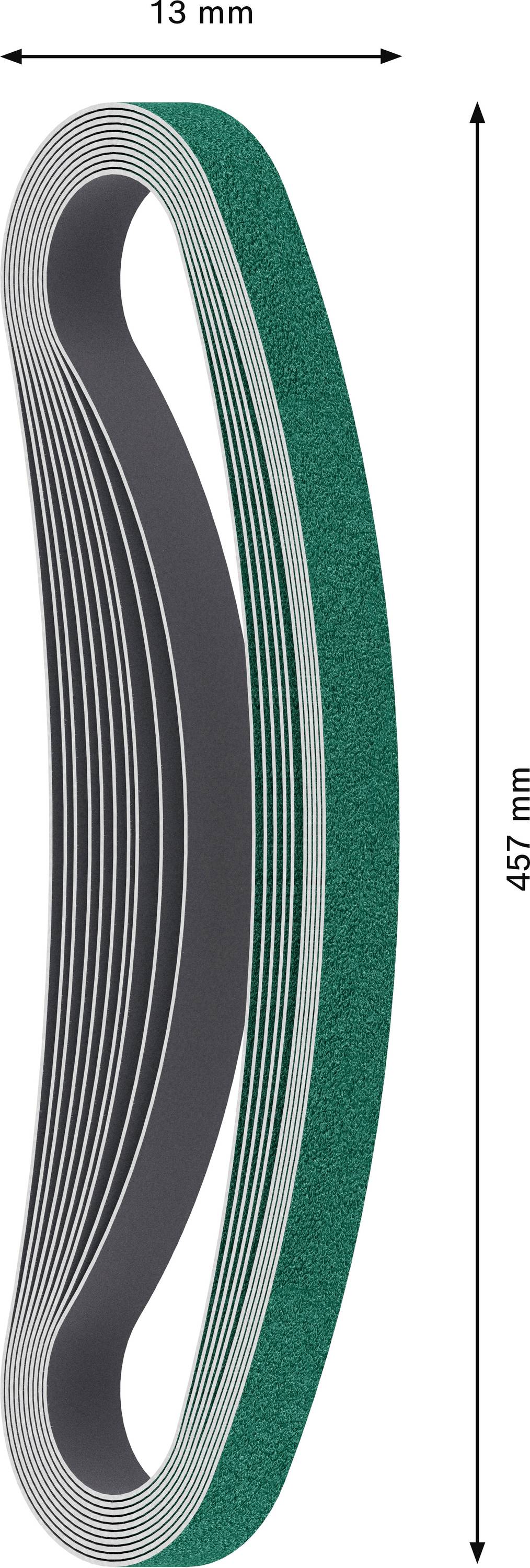 Une bande abrasive aux dimensions de 457 mm de longueur et 13 mm de largeur.