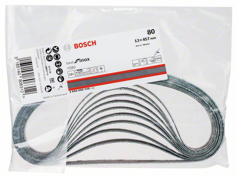 L'image montre un paquet de bandes abrasives de la marque Bosch. Les bandes abrasives mesurent 13 x 457 mm et ont un grain de 80.