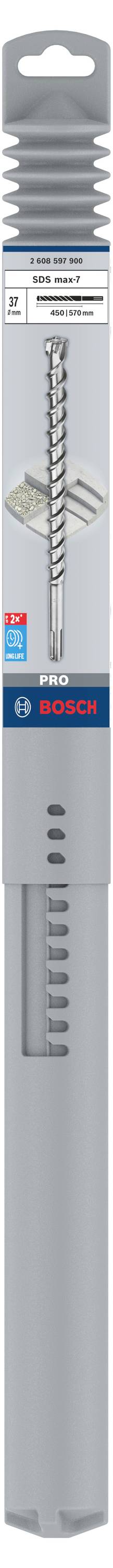 Foret à béton emballé, marqué 'BOSCH' et 'SDS Plus-7X'. Conçu pour béton et maçonnerie. Présenté dans un emballage plastique gris.