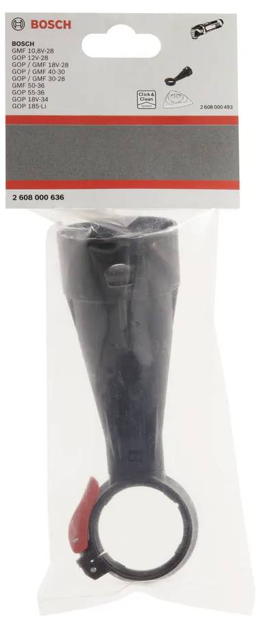 Emballage en plastique de marque 'Bosch' contenant un accessoire d'outil noir avec un collier de serrage circulaire et un loquet rouge, conçu pour être fixé sur des modèles Bosch spécifiques.