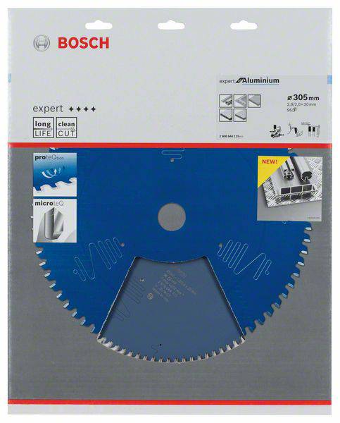 Emballage d'un disque de scie circulaire bleu de la marque Bosch, adapté pour l'aluminium. Dimensions : 305 mm x 3,2 mm x 30 mm.