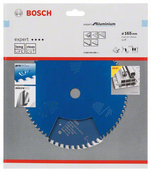 Emballage d'une lame de scie circulaire Bosch pour aluminium de 165 mm de diamètre. Contient des symboles représentant la durabilité et la coupe nette.