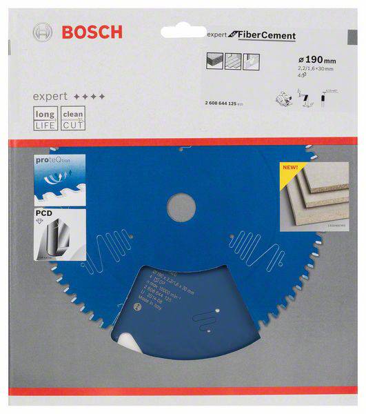 Emballage bleue pour lame de scie Bosch destinée à 'Fiber Cement' de 190 mm de diamètre, mettant en avant sa longue durée de vie et sa coupe nette.
