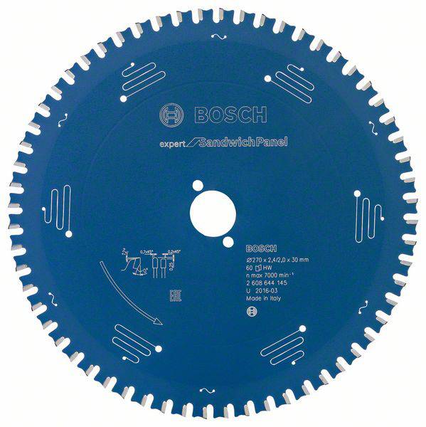 Lame de scie circulaire Bosch, bleue, avec l'inscription 'expert for SandwichPanel', 60 dents, Fabriqué en Italie.