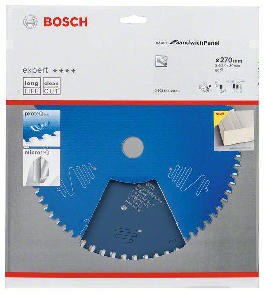 Emballage d'une lame de scie circulaire Bosch pour panneaux sandwich, série 'expert', diamètre 270 mm, couleur bleue, adaptée pour des coupes précises.