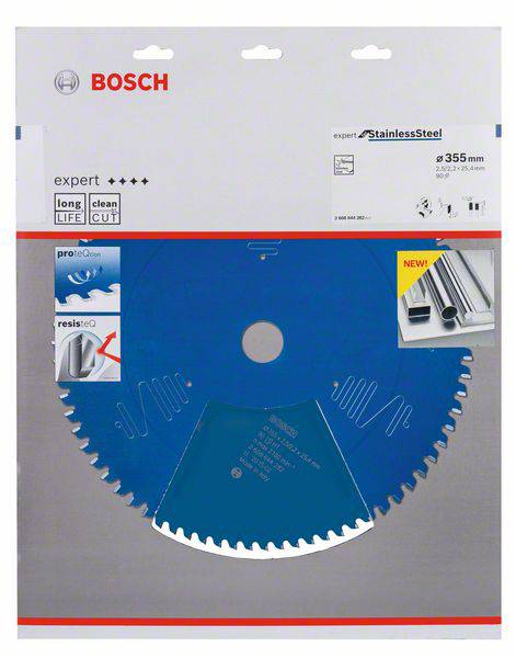 'Lame Bosch pour acier inoxydable, 355 mm. Expert pour une longue durée de vie et des coupes nettes. L'emballage indique les conseils d'utilisation.'