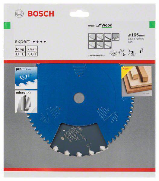 Emballage d'une scie circulaire Bosch 'Expert for Wood', diamètre 165 mm, mettant l'accent sur la durabilité et la précision des coupes.
