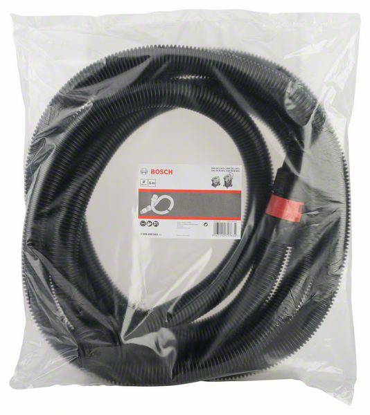 Tuyau d'aspirateur noir Bosch emballé, dressé verticalement dans un étui en plastique transparent, avec une étiquette au centre.