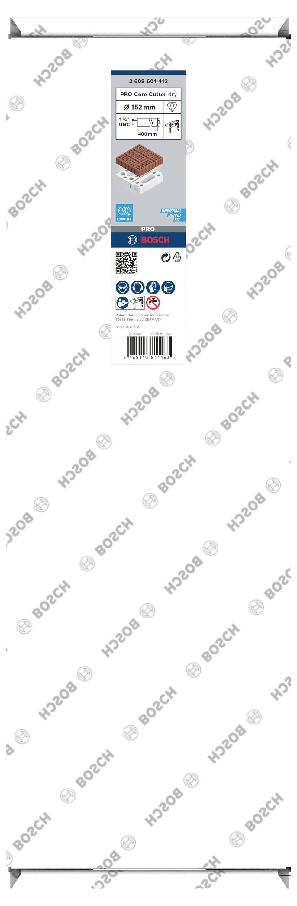 Emballage d'un disque de ponçage Bosch. Affiche la marque, les détails du produit comme la taille et la compatibilité. Motif de fond avec le logo Bosch.