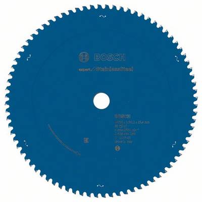 Lame de scie circulaire en acier avec le logo Bosch et des spécifications techniques, telles que le nombre de dents et le diamètre, sur un fond bleu.