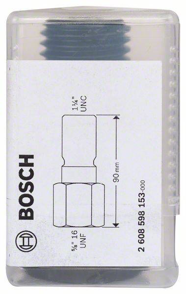 Un emballage contenant un foret métallique, logo Bosch à gauche, numéro de produit 2608598153, dimensions : 1 1/4" UNC et 5/16" UNF, longueur 90 mm.