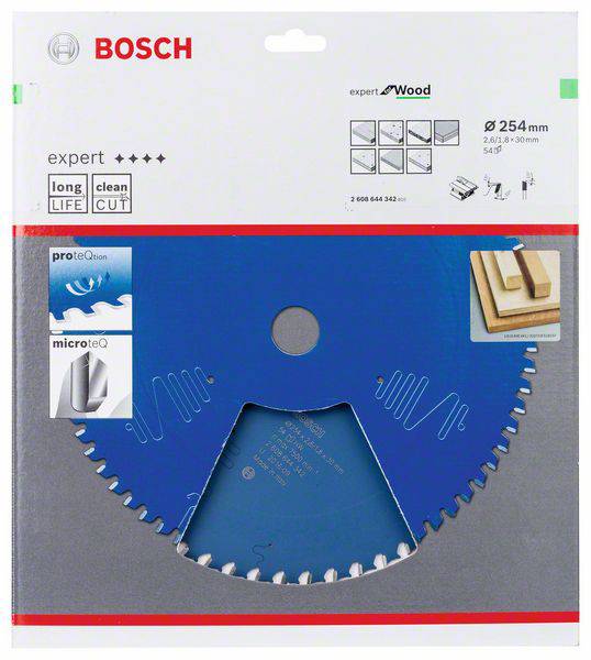 'Lame de scie Bosch Expert Wood, Ø 254 mm, dents de coupe robustes, adaptée au bois, avec emballage, coupe durable.'