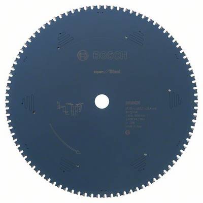 Une lame de scie circulaire avec de nombreuses dents, teintée en bleu, portant l'inscription 'Bosch' et des spécifications techniques.