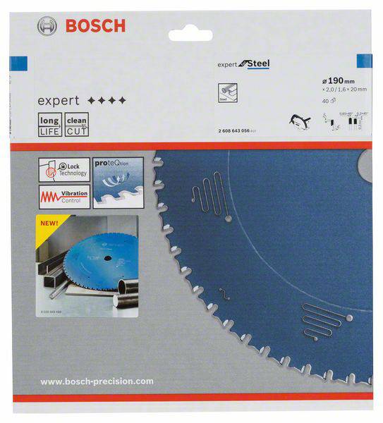 Emballage d'une lame de scie circulaire Bosch 'expert' pour acier, Ø 190 mm. Caractéristiques : durée de vie prolongée, coupes nettes, contrôle des vibrations.