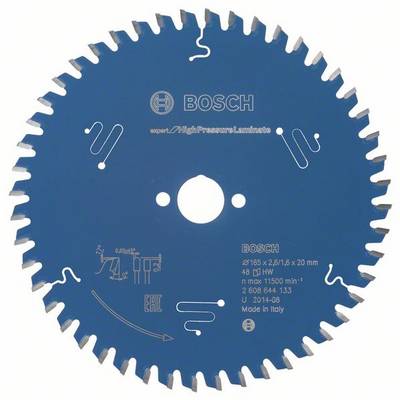 Lame de scie circulaire avec revêtement bleu, logo Bosch, spécifications et flèches. Adaptée pour les stratifiés haute pression, diamètre de 165 mm.