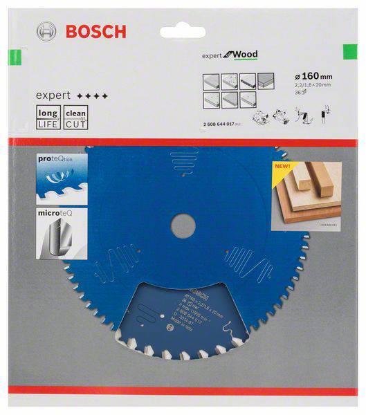 'Lame de scie circulaire Bosch Expert Wood, Ø 160 mm. Caractéristiques : longue durée de vie, coupe nette, ProteQtion, MicroteQ.'