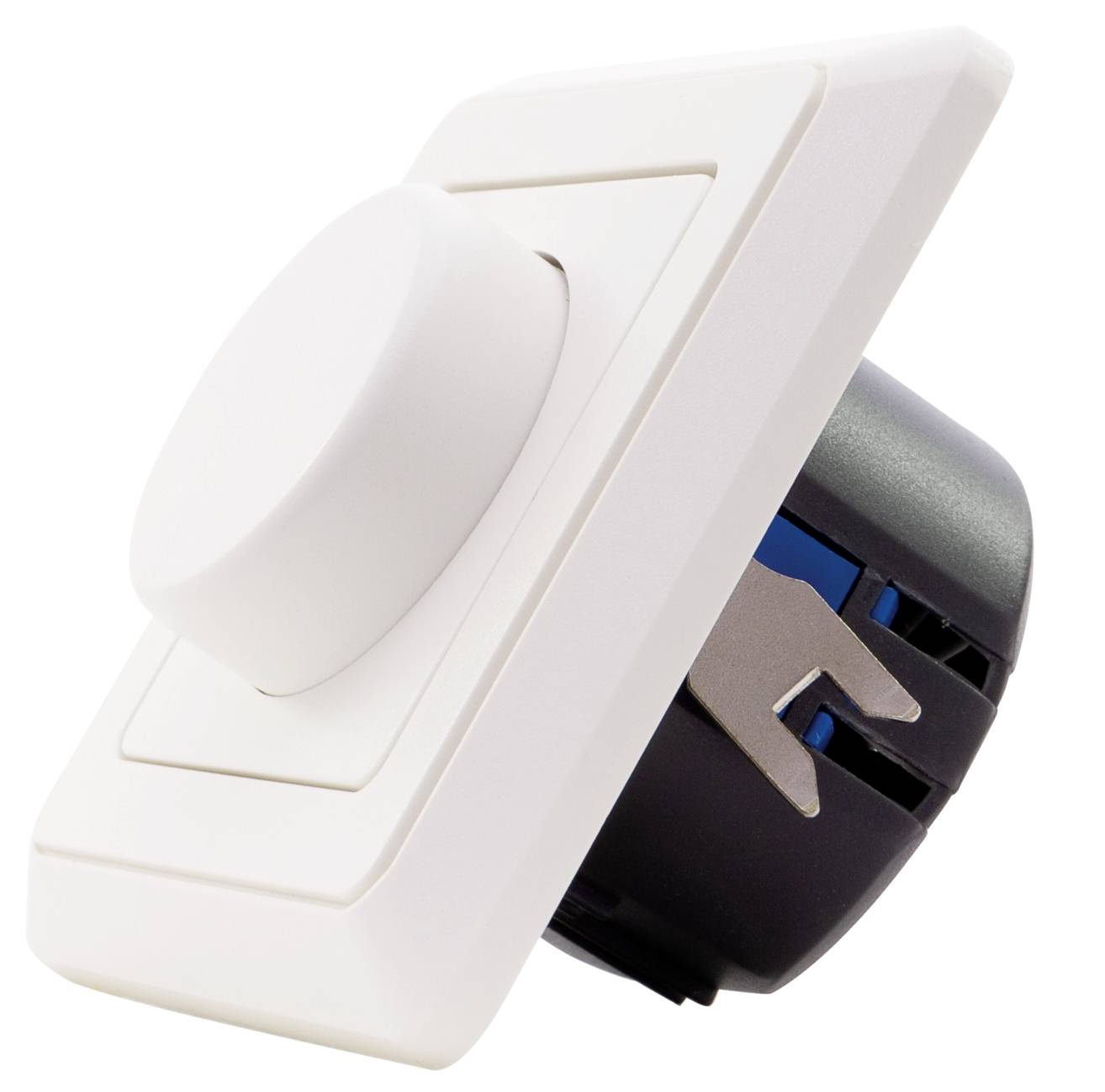 « Un interrupteur variateur de lumière blanc avec un bouton rond, monté sur une plaque rectangulaire, légèrement incliné vers la droite, sur un fond blanc. »