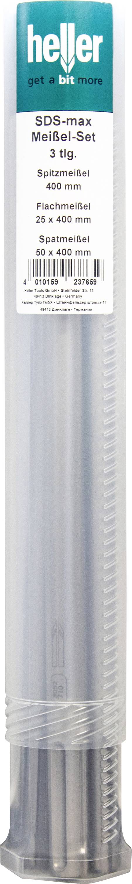 Emballage cylindrique transparent étiqueté « SDS-max Meißel-Set » avec un ensemble de 3 ciseaux de 400 mm, présenté verticalement dans un tube transparent.