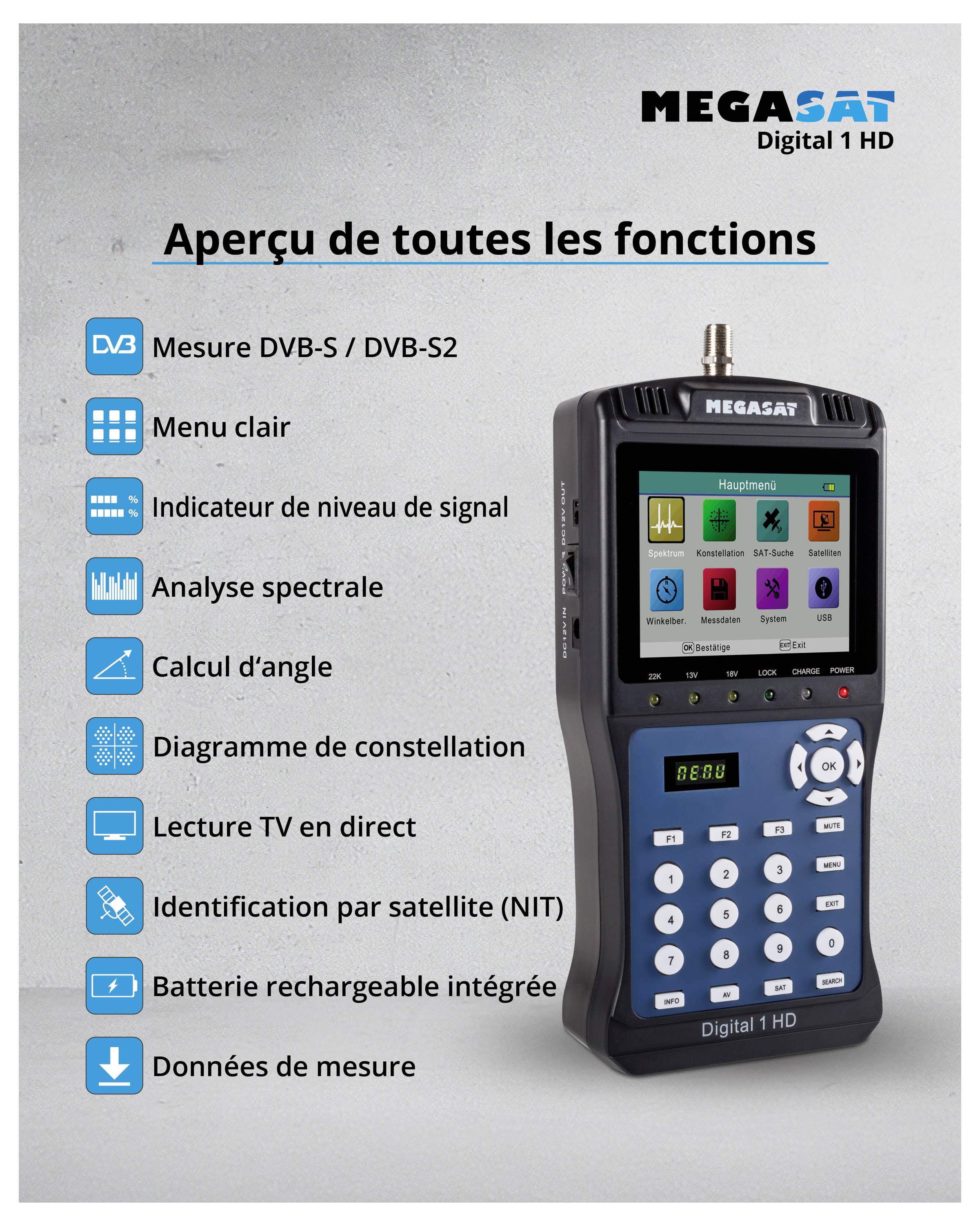 Appareil portable avec écran, touches et fonctions pour mesurer les signaux de télévision numérique. Texte : 'Vue d'ensemble de toutes les fonctions'.