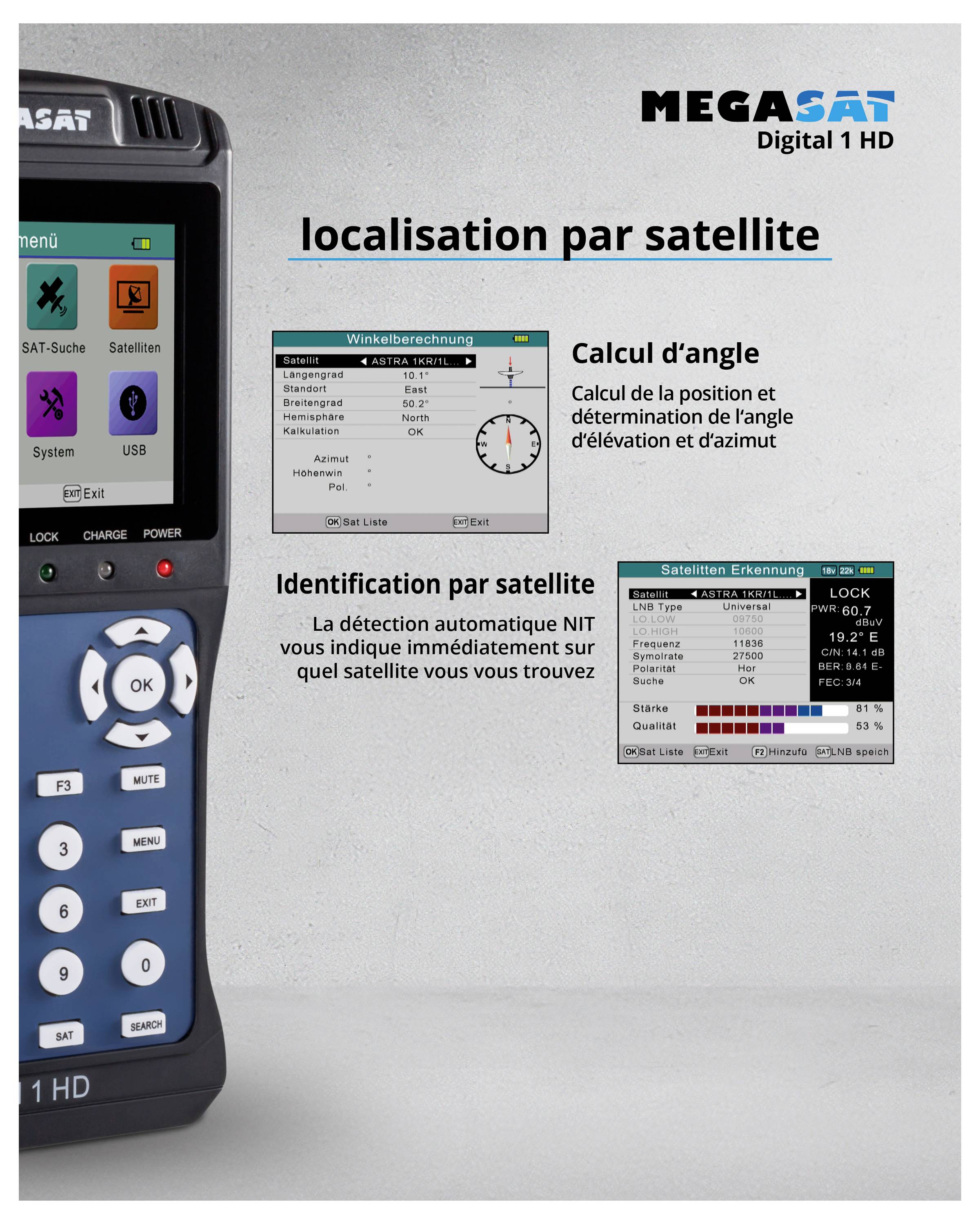 Publicité pour le MegaSat Digital 1 HD Satellitenfinder, avec un accent sur le calcul d'angle et la détection automatique de satellites (NIT).