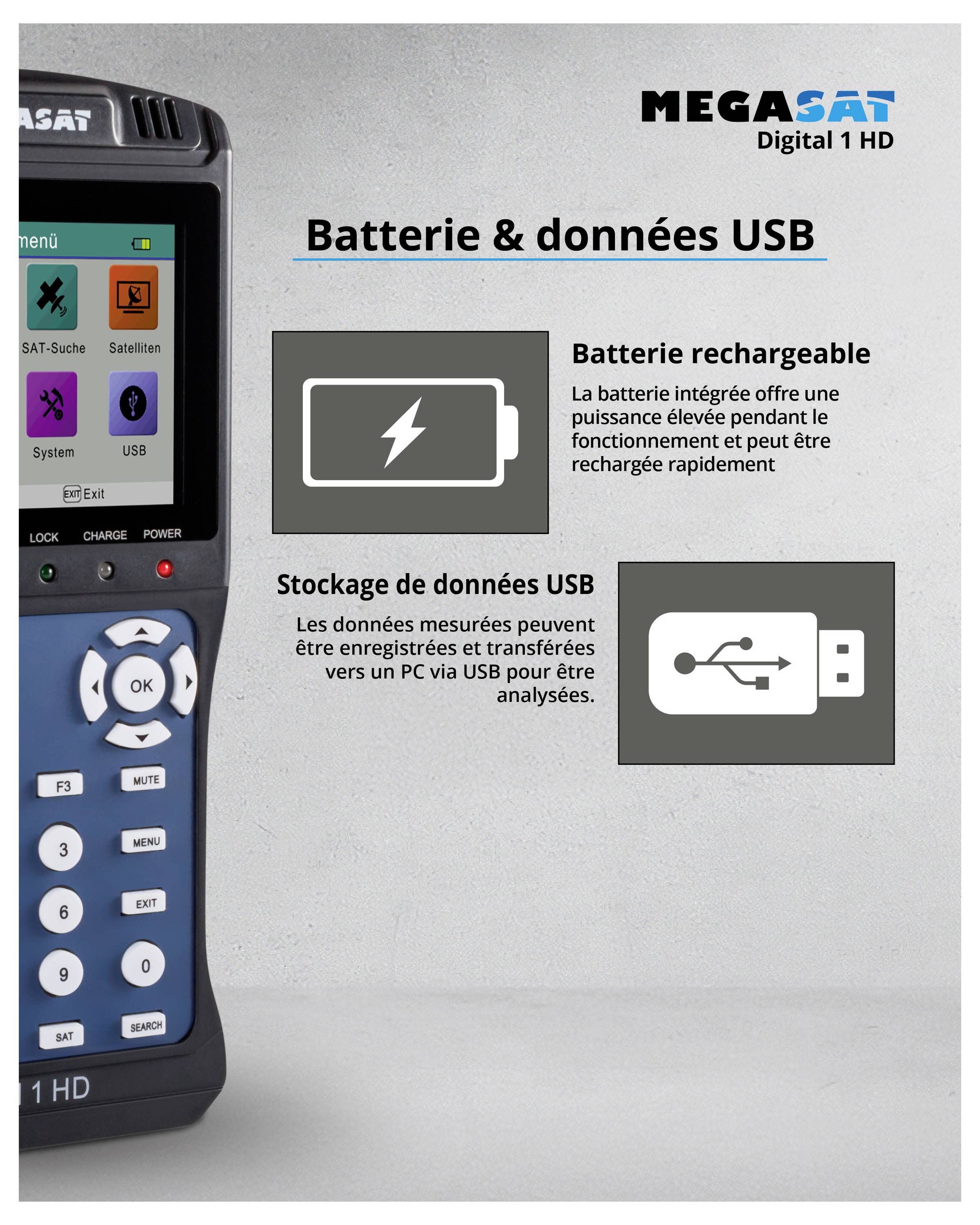 'Batterie & Stockage de données' : Image d'un appareil portable avec écran ; indications que la batterie intégrée est hautement performante et que les données peuvent être stockées via USB.