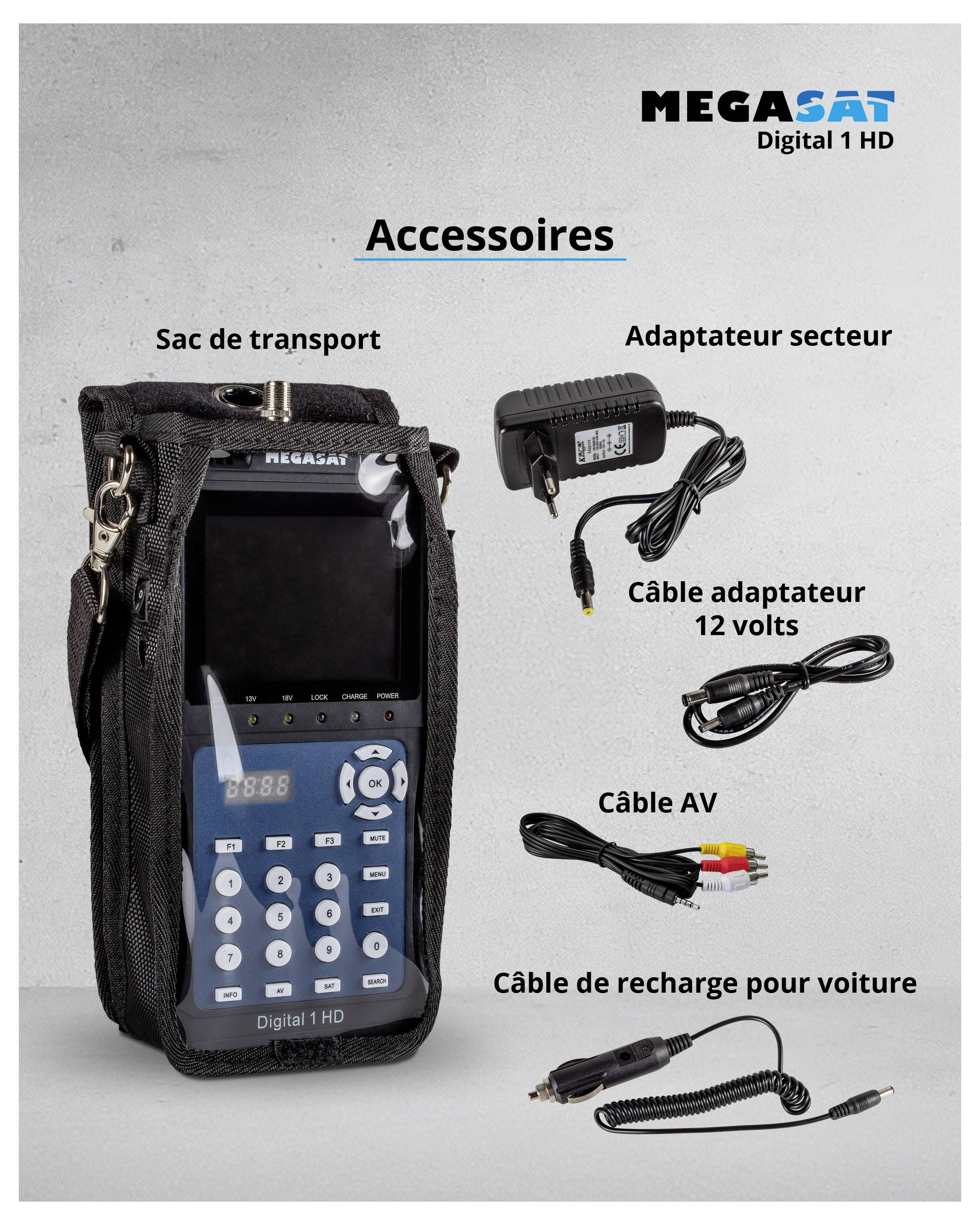'MEGASAT Digital 1 HD' Sat-Finder avec sacoche de transport ; Accessoires : Adaptateur secteur, câble adaptateur 12 volts, câble AV, câble de chargement pour véhicule.
