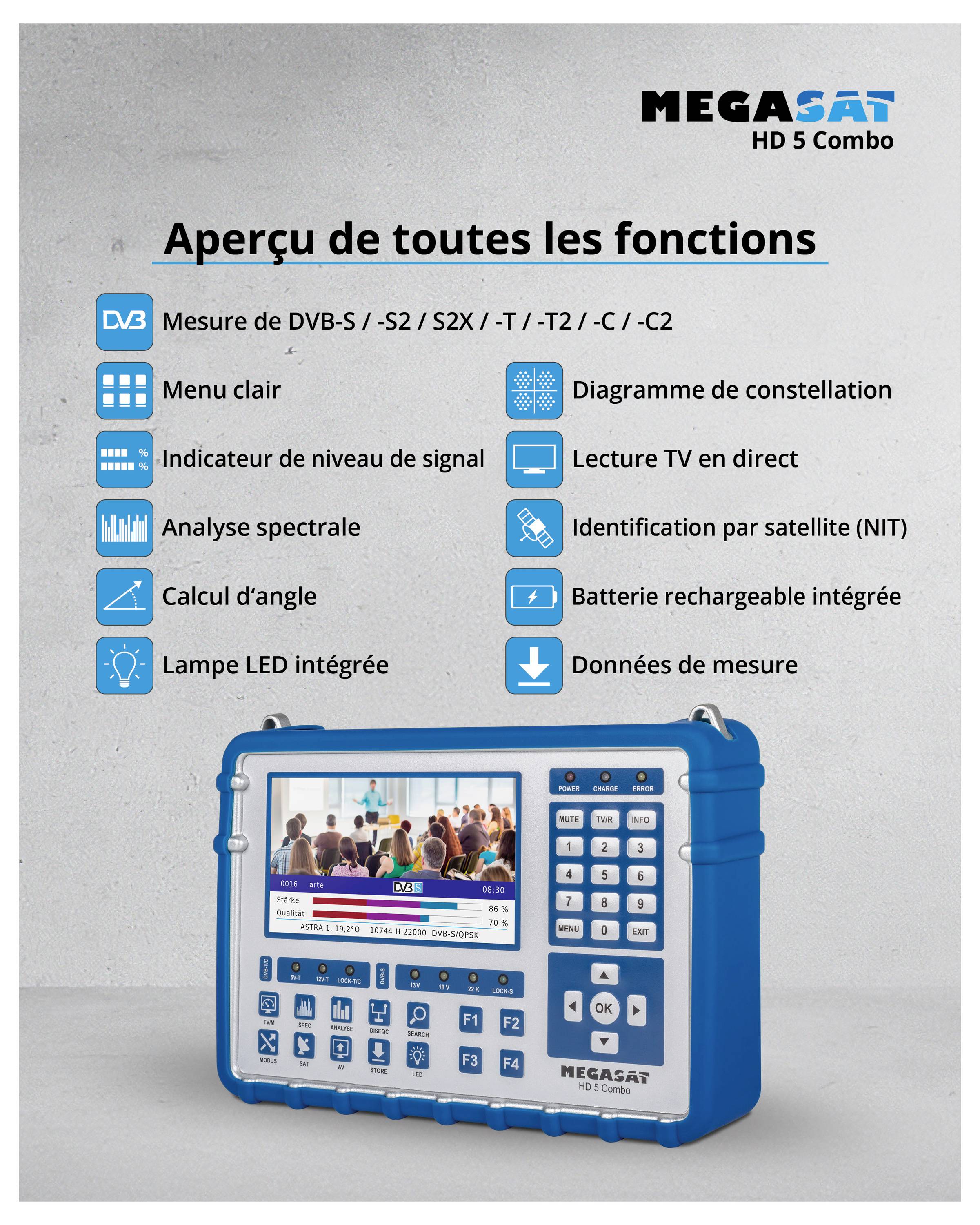 'Publicité pour MEGASAT HD 5 Combo avec des fonctionnalités telles que mesure DVB-S/T/C, analyse de spectre, diagramme de constellation et reconnaissance de satellite.'