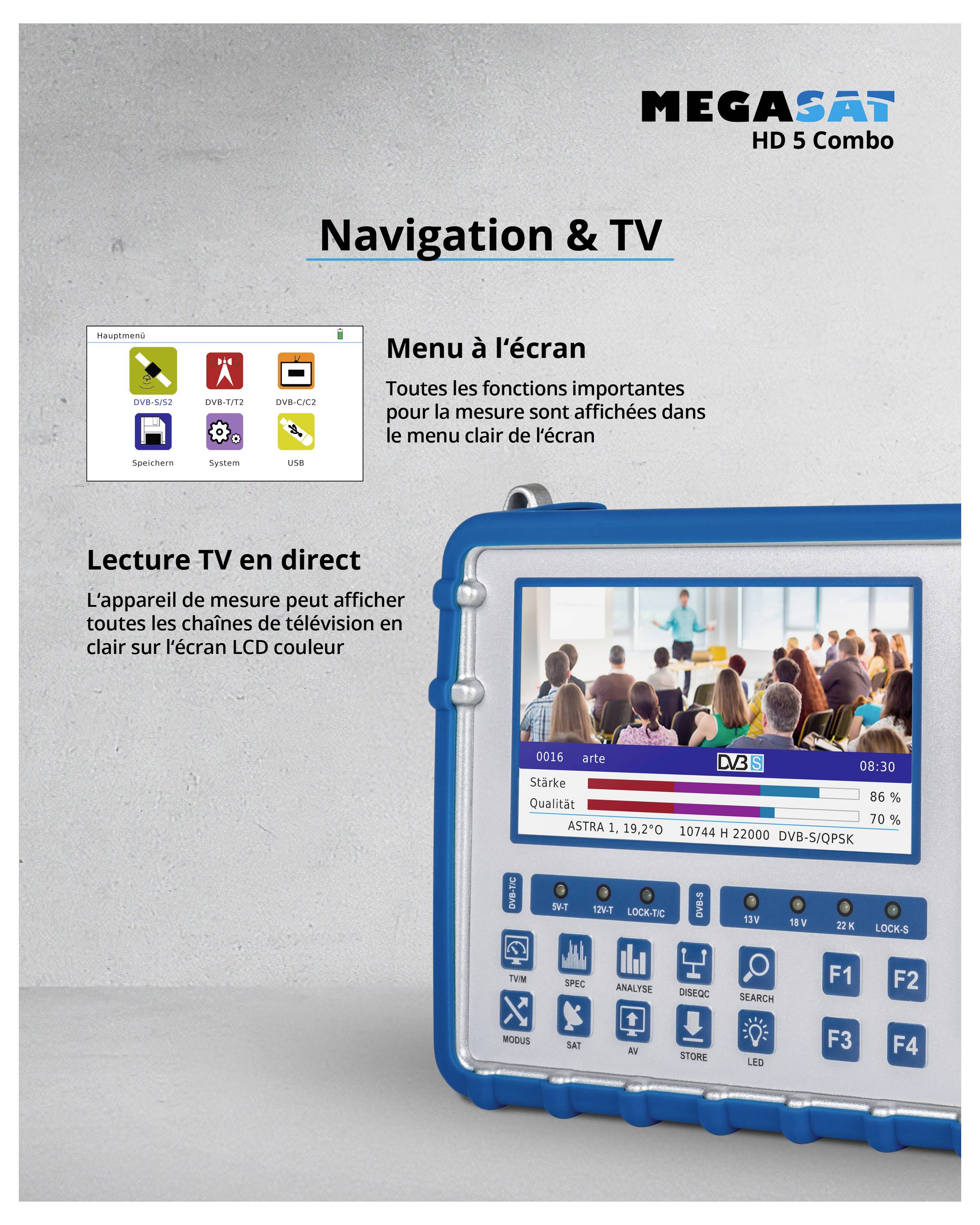Appareil 'HD 5 Combo' avec écran, affichant le programme TV avec un menu d'images et des options. Le contexte décrit la navigation dans les menus et l'affichage télévisé.