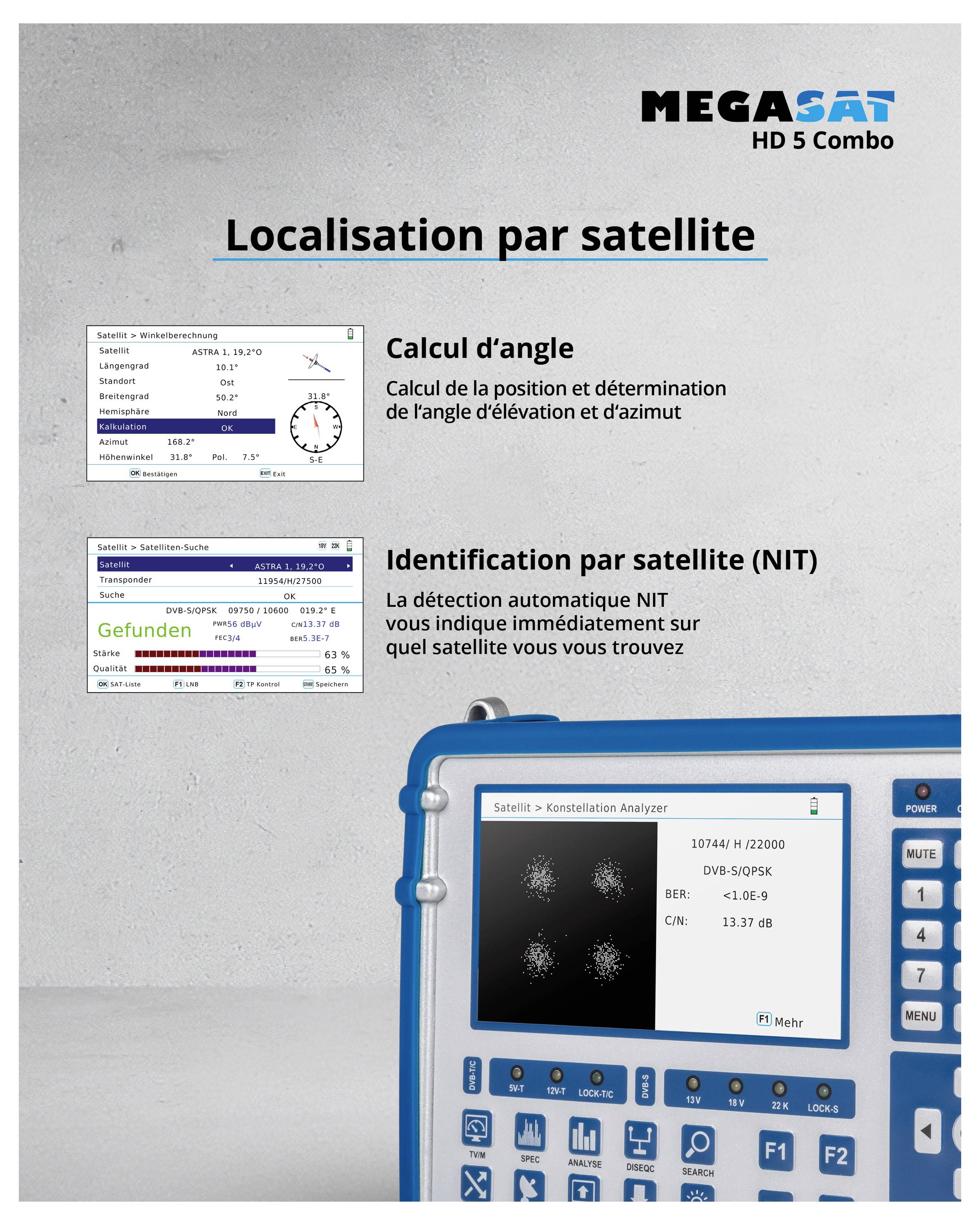 Spécification d'un appareil de mesure satellitaire HD5 Combo montrant le calcul angulaire et la détection des satellites avec les informations d'écran pertinentes.