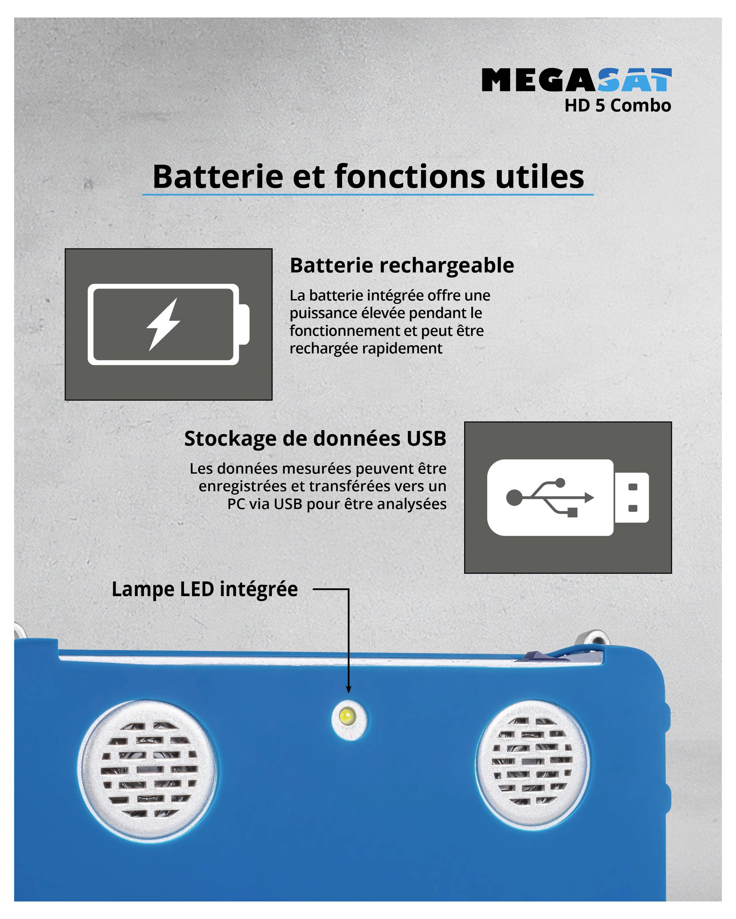 'Megasat HD 5 Combo' Panneau d'information : Description de la batterie et des fonctions utiles. Batterie Power intégrée, stockage de données USB et lampe LED sont mis en évidence.