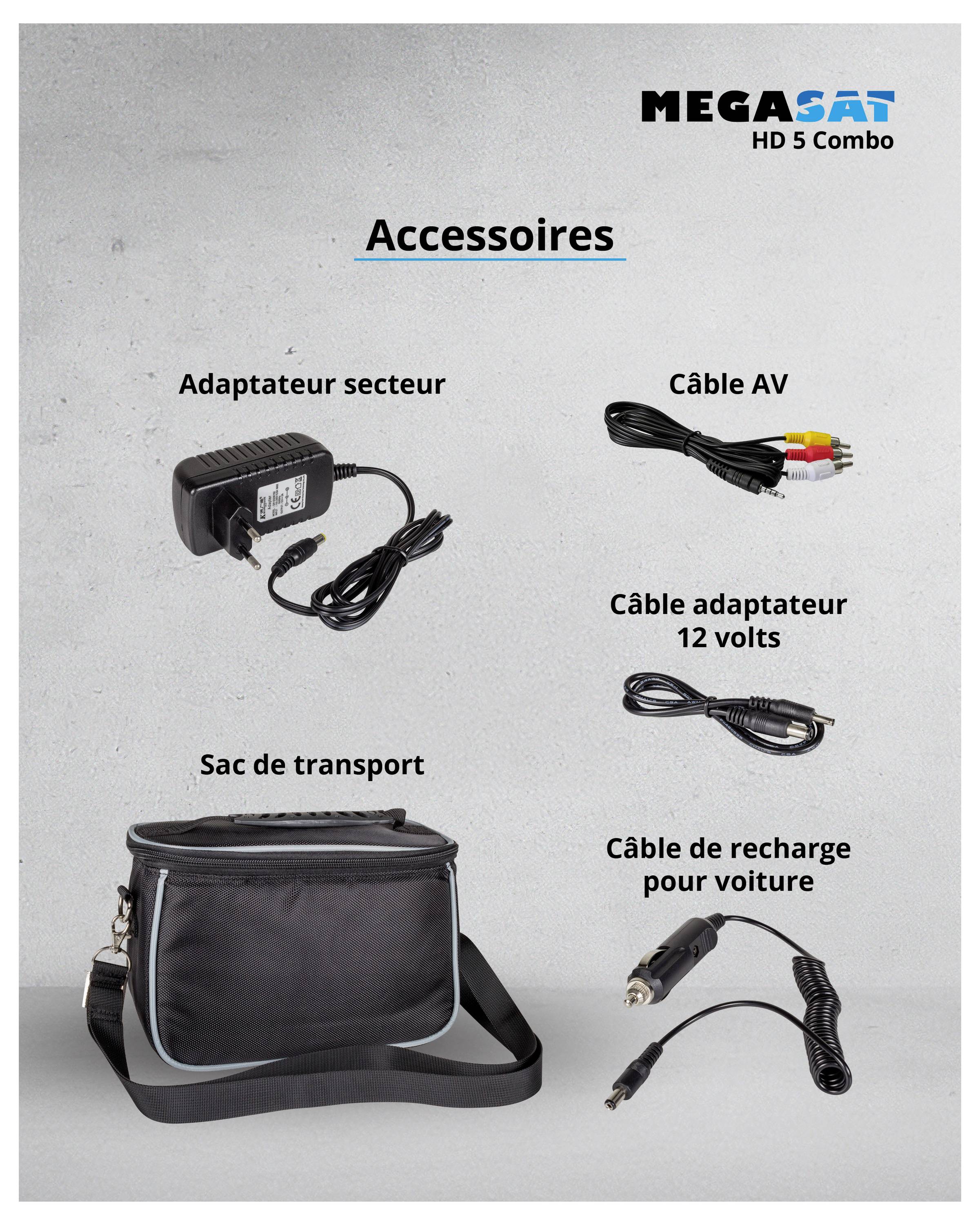 Liste des accessoires : Bloc d'alimentation, Câble AV, Câble adaptateur 12 volts, Sacoche de transport, Câble de chargement pour voiture. Logo 'Megasat HD 5 Combo' en haut à droite.