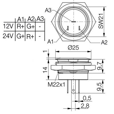 Dessin technique d'un interrupteur rond avec bornes (A1, A2, A3). Dimensions : Ø25, hauteur 14, filetage M22x1. Détails de connexion pour 12V et 24V.