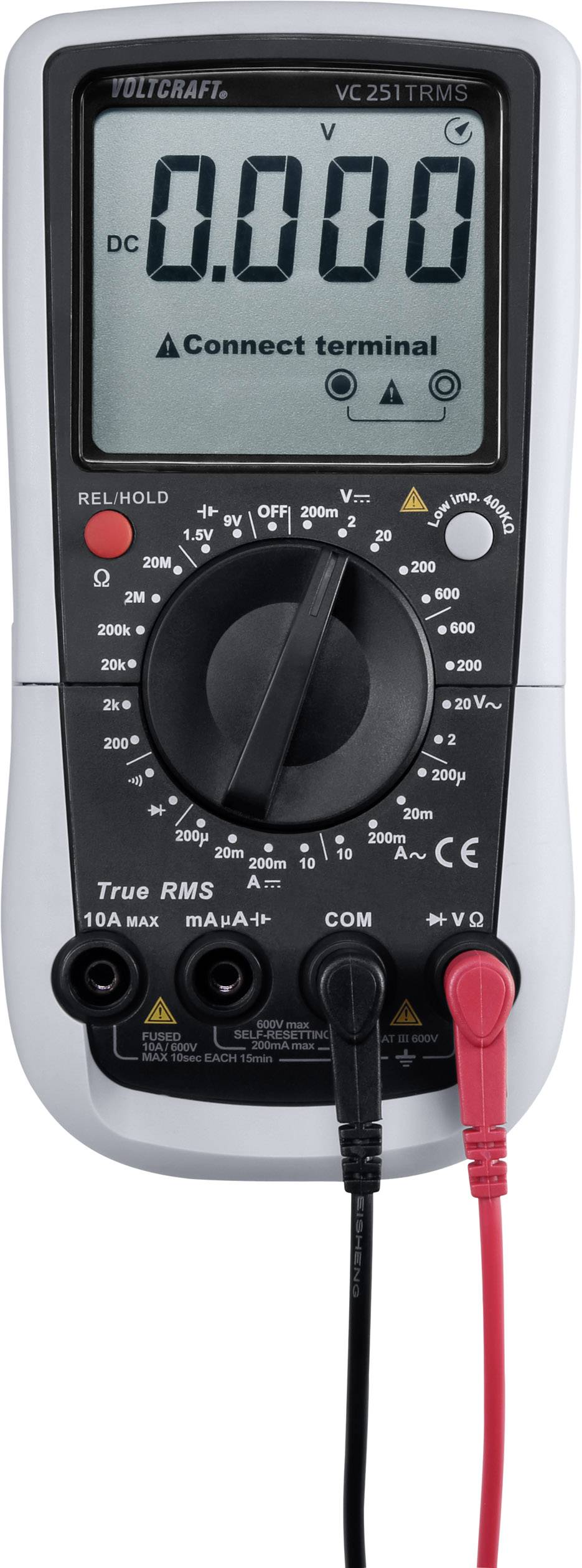 Multimètre numérique affichant '0.000' avec des câbles de mesure noirs et rouges. Réglé sur tension continue.