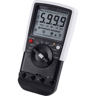 Multimètre numérique avec affichage indiquant '5,99'. Commutateur pour les fonctions de mesure AC, DC, V, mV, Ω, mA. Fonction Rel/Hold.