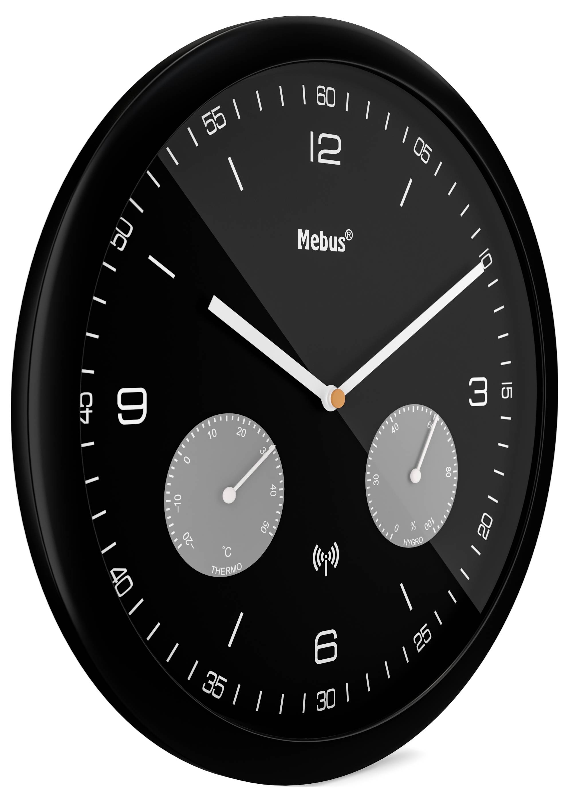 Une horloge murale noire avec des aiguilles et des chiffres blancs, affichant 10h10. Elle dispose de deux cadrans supplémentaires plus petits pour le jour et la température.