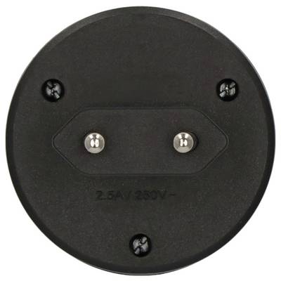 Connecteur électrique rond noir ou prise de courant avec quatre vis visibles et deux broches métalliques étiquetées « 2,5A/250V »