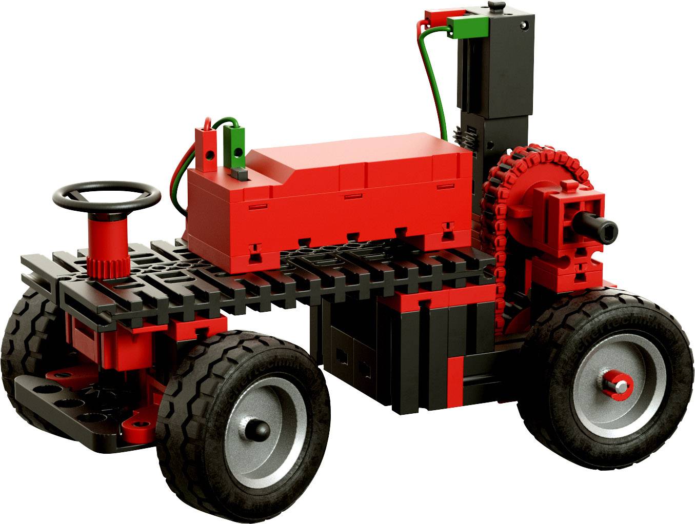 Un petit tracteur jouet rouge et noir composé de blocs de construction, avec de grandes roues et un volant.