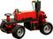 Un petit tracteur jouet rouge et noir composé de blocs de construction, avec de grandes roues et un volant.