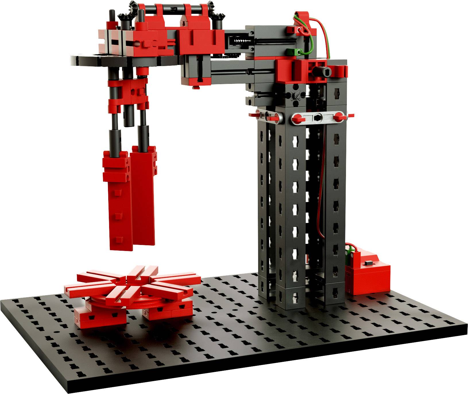 Un bras mécanique ressemblant à un robot, composé d'éléments noirs et rouges, est monté sur une base métallique et peut saisir des objets.