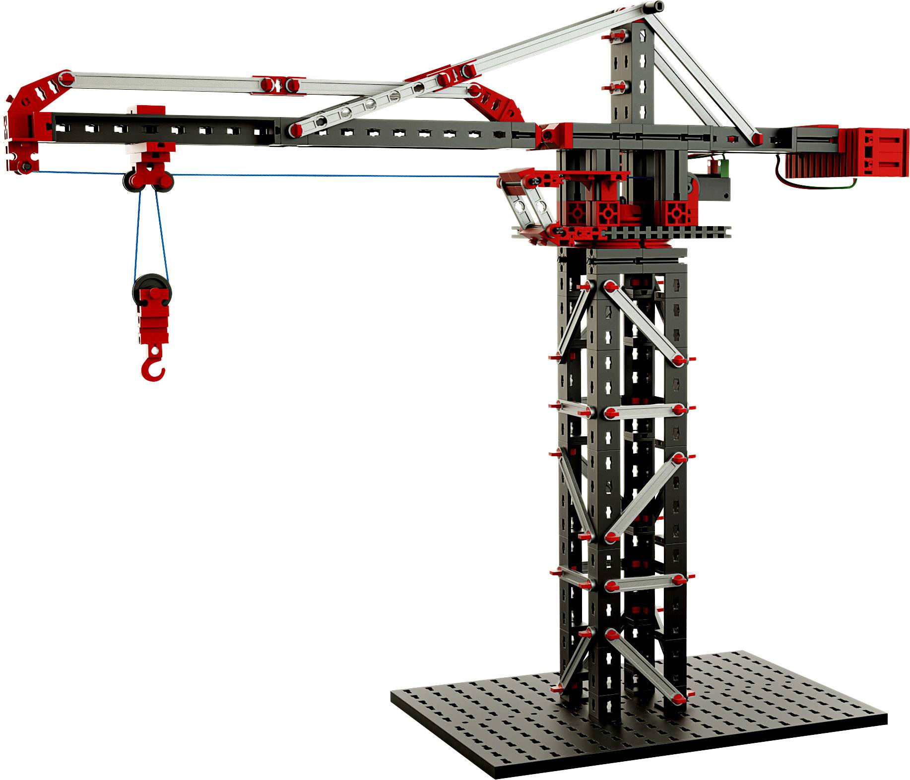 Une grue de modélisme avec un crochet rouge et des supports noirs illustre la structure et la fonction d'une véritable grue de construction.