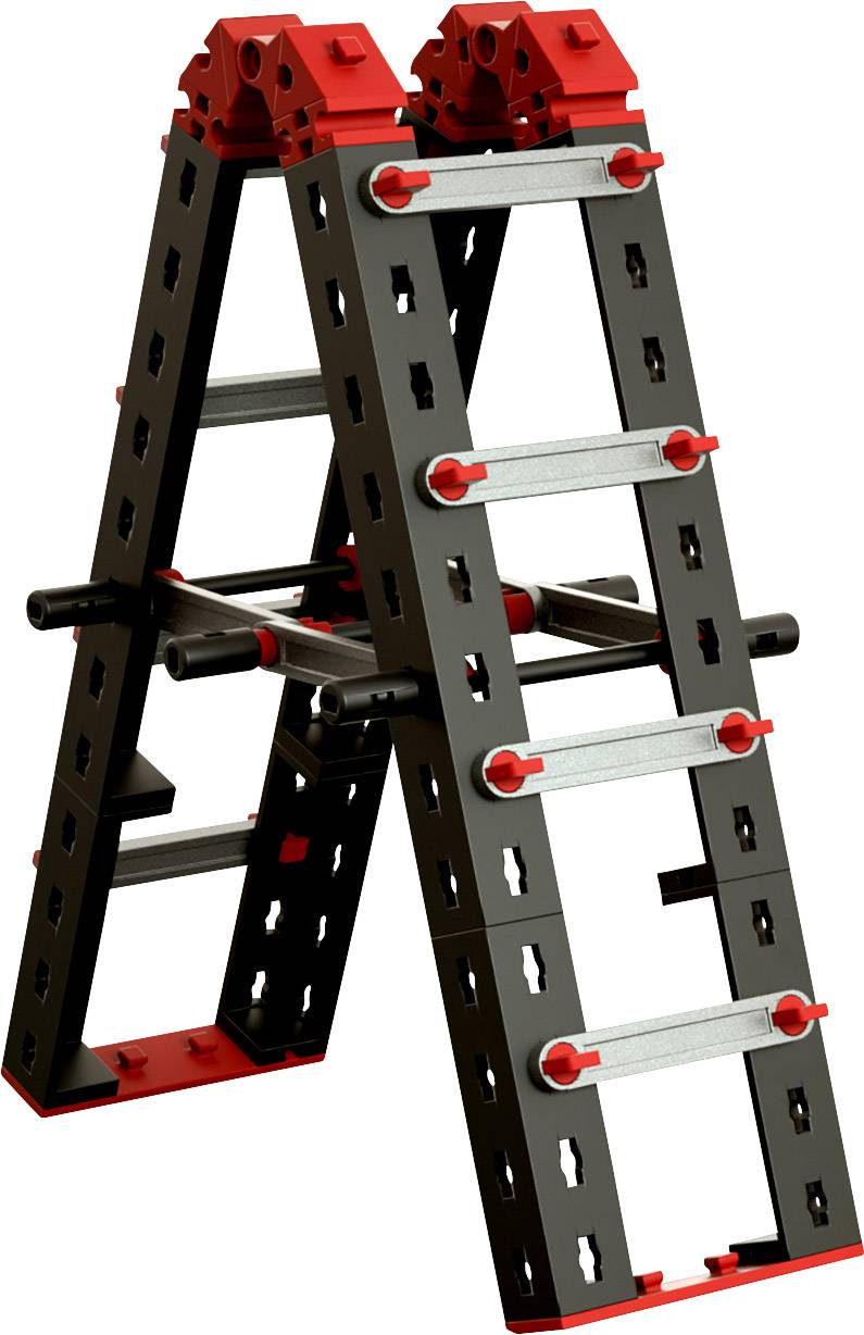 Une échelle pliante noire avec des touches rouges. Elle possède deux bras de support avec cinq échelons chacun et convient parfaitement aux travaux de bricolage.
