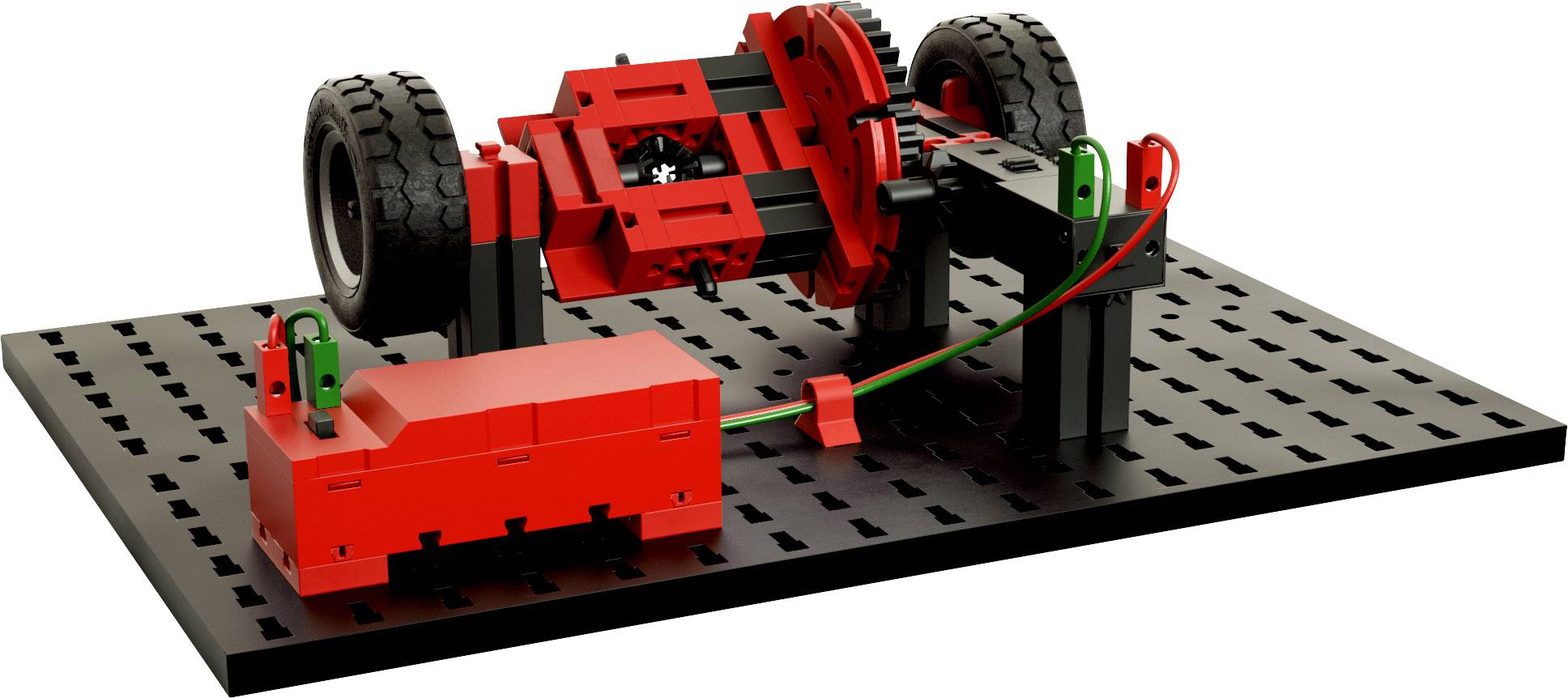 Un modèle composé de pièces rouges et noires représentant une construction technique. Monté sur une base noire.