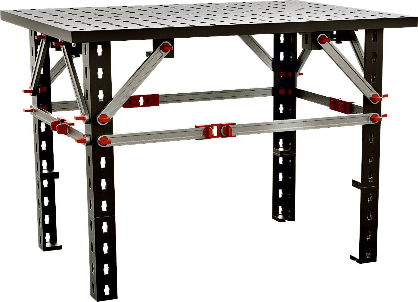 Table de soudage à surface perforée, châssis métallique robuste, entretoises réglables et connexions rouges pour une flexibilité et une stabilité optimales.