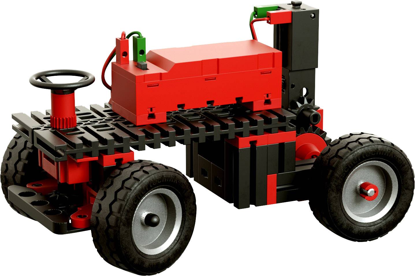Une voiture miniature rouge et noire avec quatre grandes roues, un volant de commande à gauche à l'avant, des éléments décoratifs marquants sur le dessus.