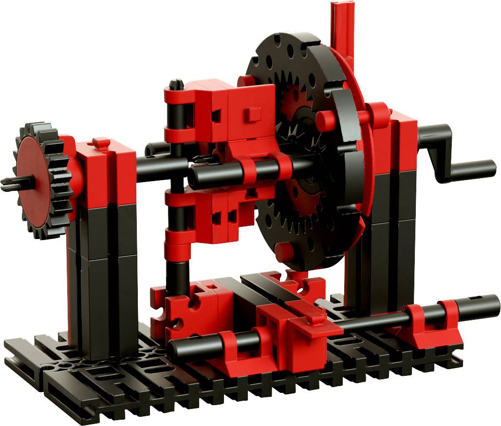 Un ensemble technique rouge et noir avec des engrenages et des leviers, représentant des pièces mécaniques et utilisé à des fins éducatives.