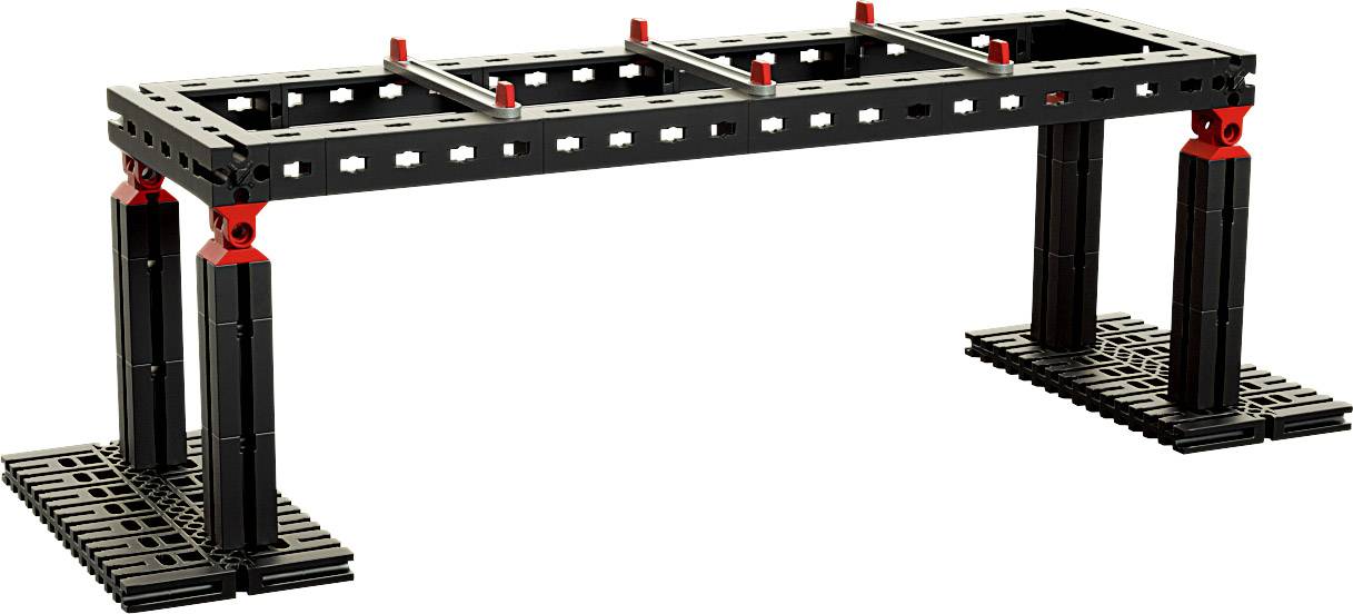 Un élément de construction en plastique noir et rouge, composé d'un cadre rectangulaire reposant sur quatre colonnes stables.