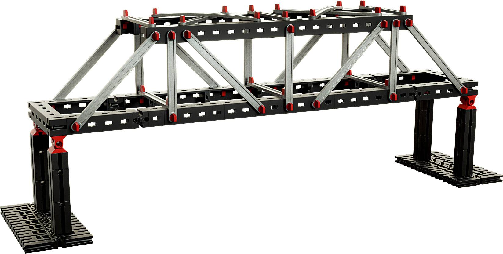 Un modèle de pont en poutres en plastique, composé de pièces noires et grises avec des éléments de connexion rouges, se tenant debout.