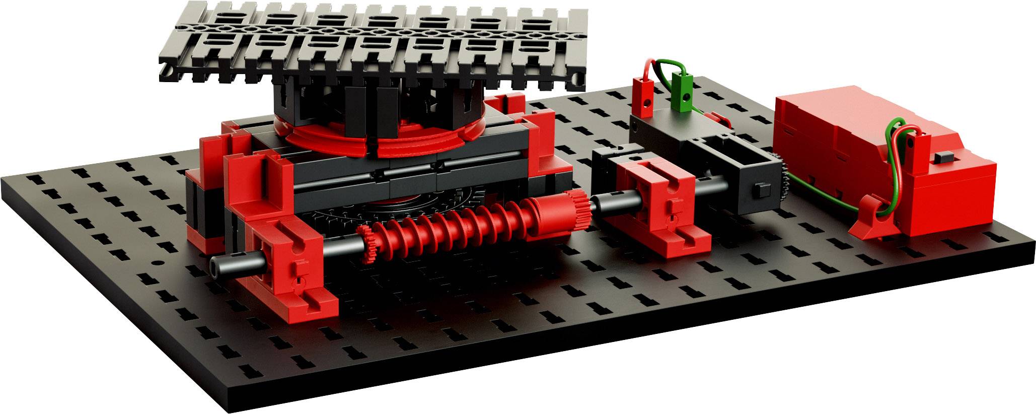 Prototype de bras robotique en briques LEGO noir et rouge, monté sur une plaque de base rectangulaire.